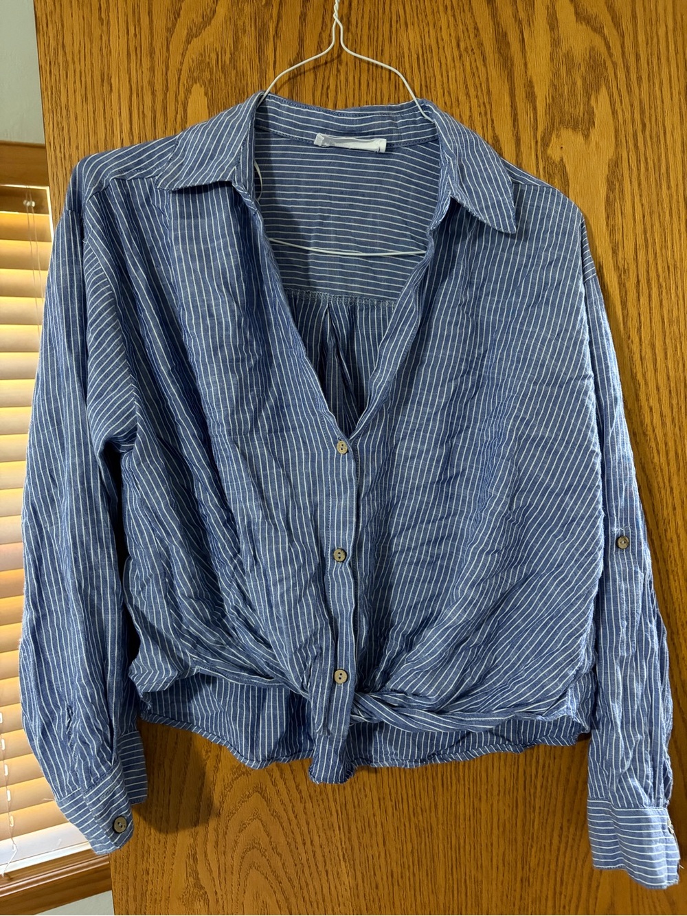 Double Zero Blue & White Striped Tie-Front Button Shirt